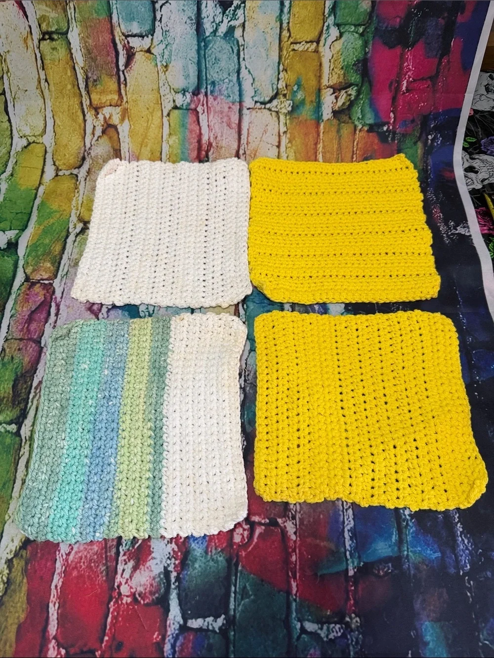 Handmade Crochet Dishcloths Set - Yellow, White & Pastel Stripes
